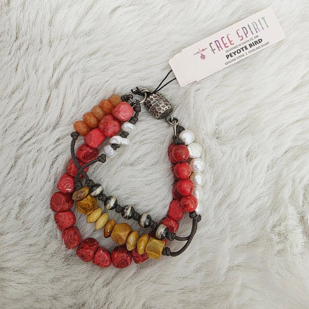 Peyote Bird Santa Fe Multicolor Gemstone Beaded Leather Bracelet Sterling Silver